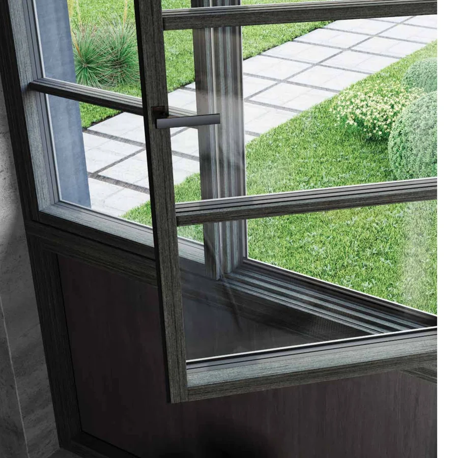 Fereastră lemn–aluminiu Uniform văzută din interior, cu toc și cercevea din lemn natural