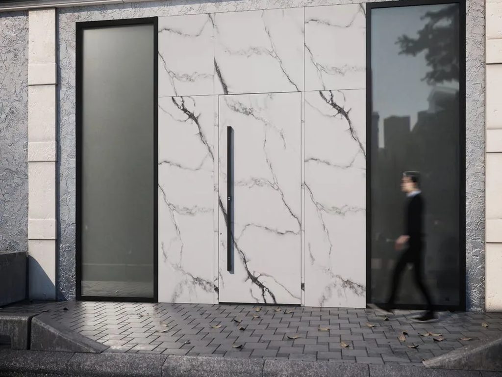 Ușă de intrare premium METGLASS din aluminiu, integrată în fațada unei clădiri contemporane